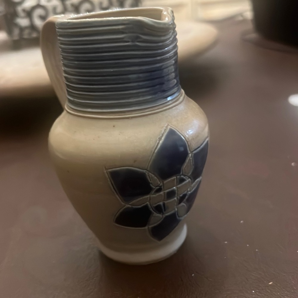 Vintage hand thrown clay, Cobalt miniature pitcher.